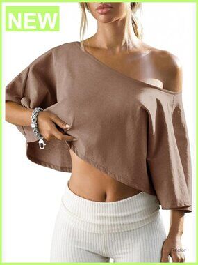 Off Shoulder Crop Top Batwing Sleeve Asymmetrical Neck Casual Tee